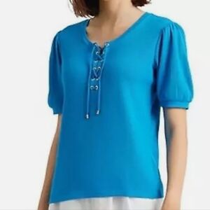 Lauren Ralph Lauren Women Lace-Up Stretch Royal Blue SzXL Tops Short‎ Sleeve